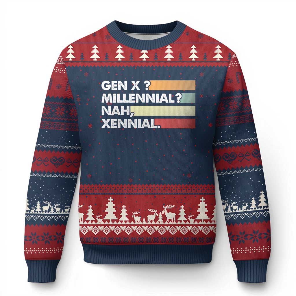 Gen X Millennial Nah Xennial Ugly Christmas Sweater Retro Sunset Striped Typography Graphic