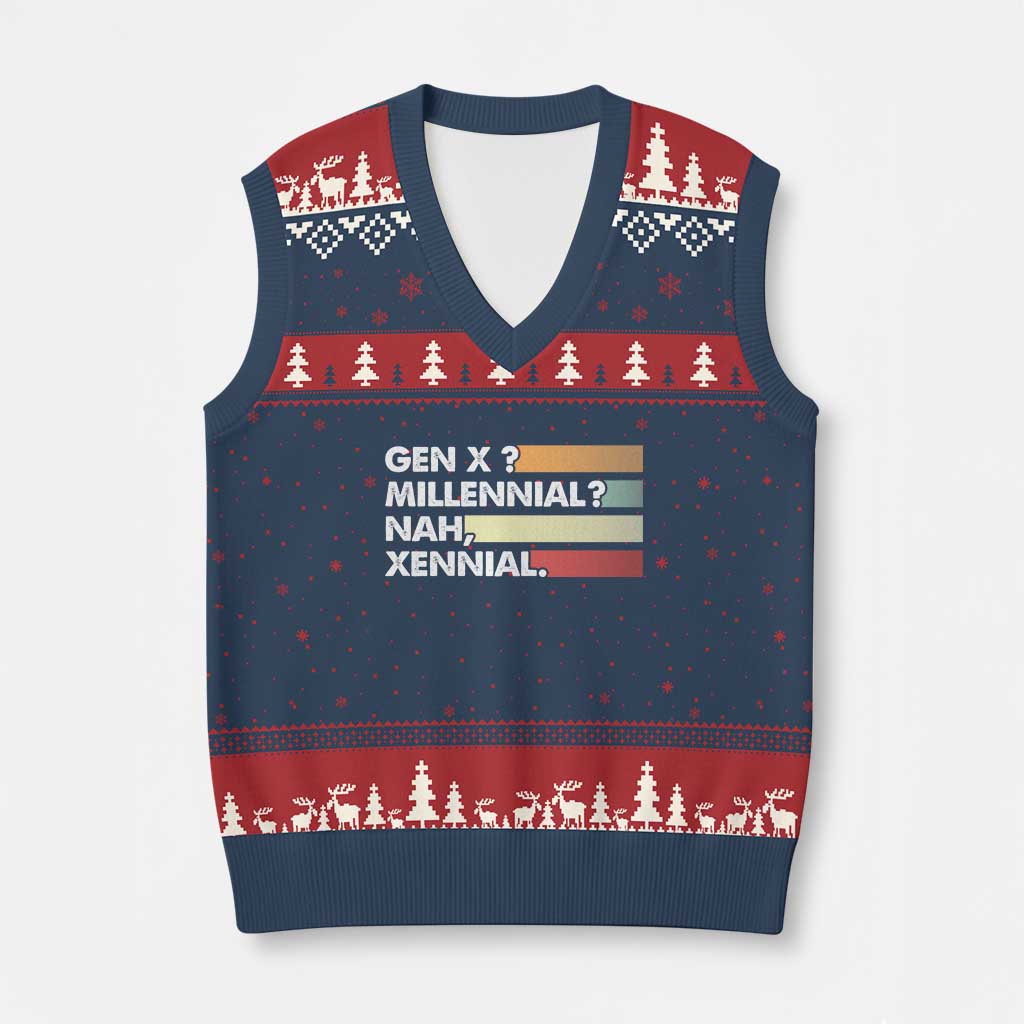 Gen X Millennial Nah Xennial V-Neck Knit Sweater Vest Retro Sunset Striped Typography Graphic