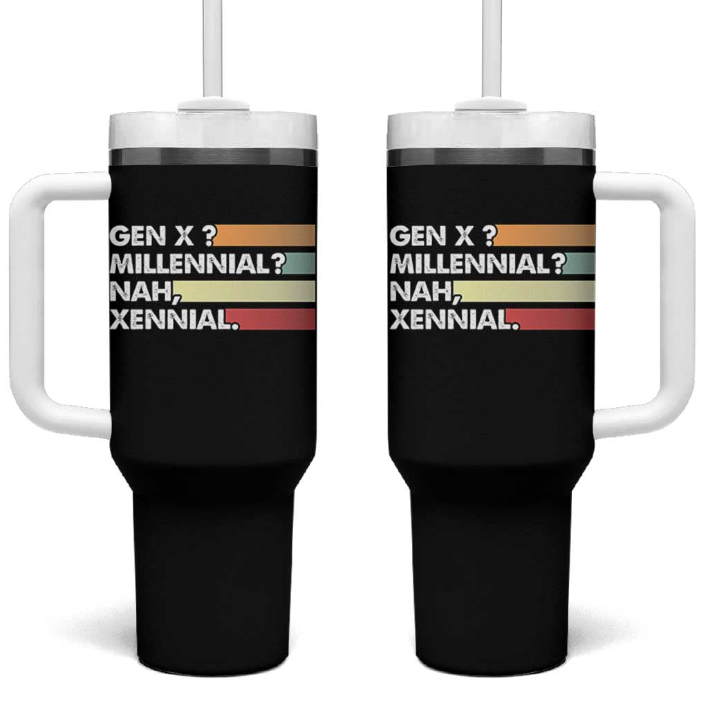 Gen X Millennial Nah Xennial Tumbler With Handle Retro Sunset Striped Typography Graphic