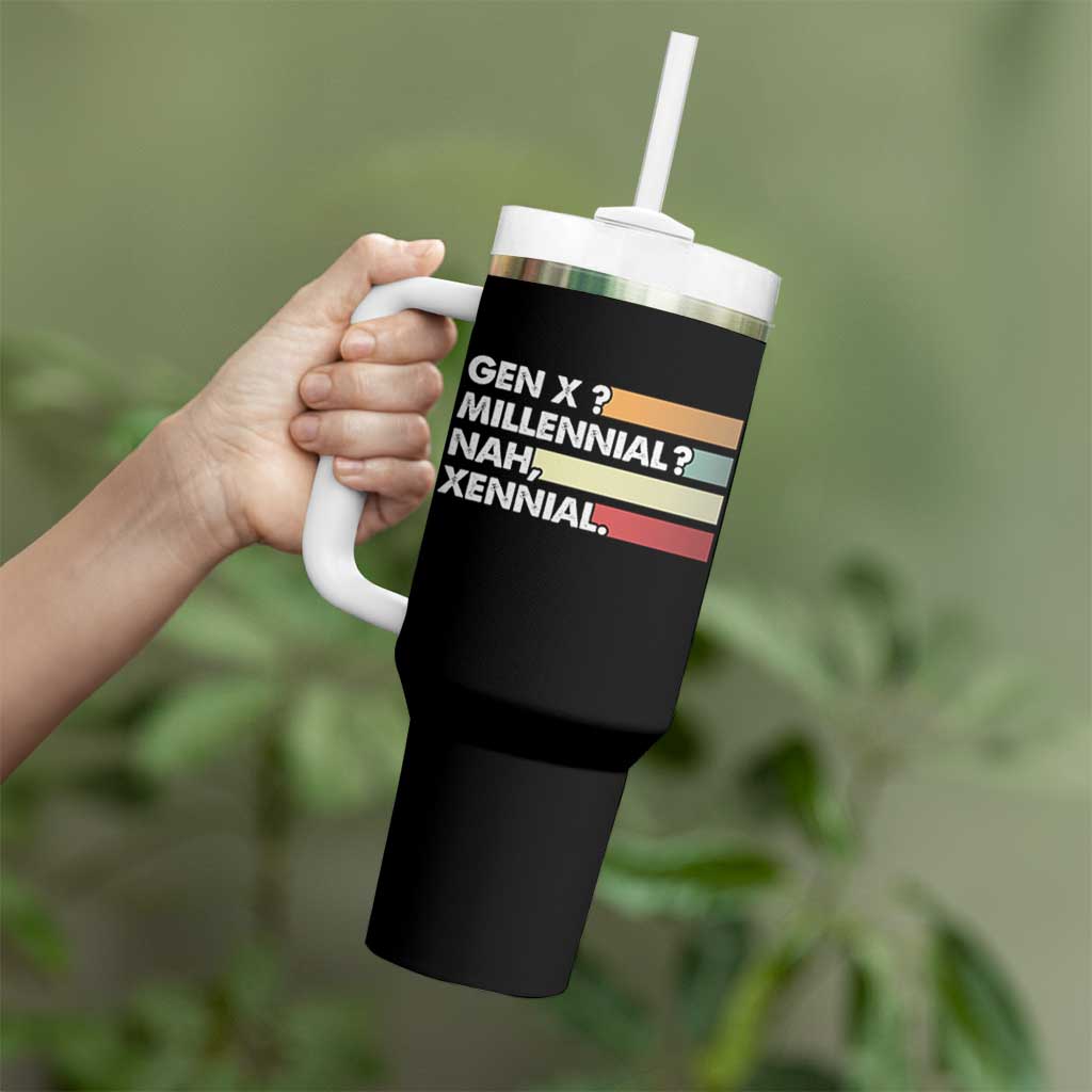 Gen X Millennial Nah Xennial Tumbler With Handle Retro Sunset Striped Typography Graphic