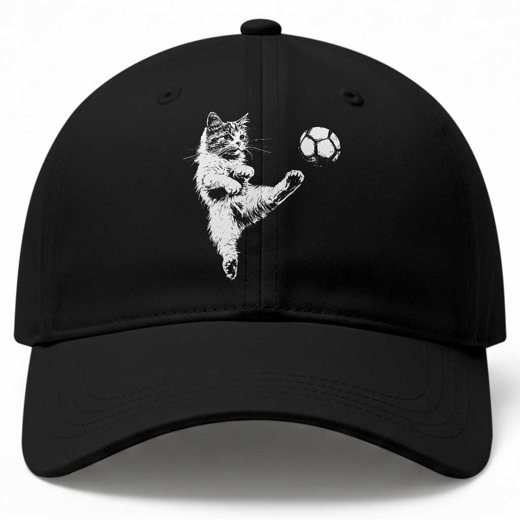 Vintage Sketch Soccer Cat Graphic Baseball Cap Kitten Kicking Football Sports Lover
