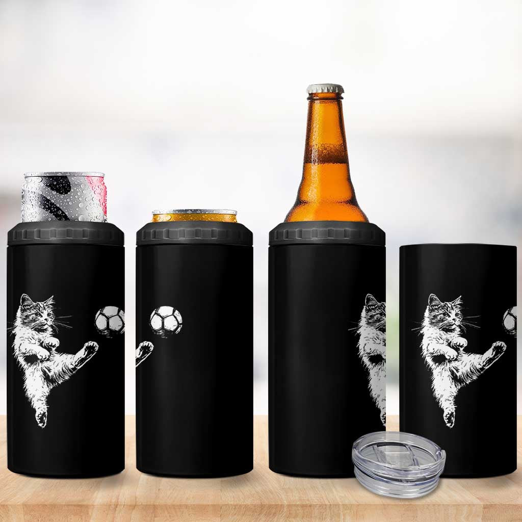 Vintage Sketch Soccer Cat Graphic 4 in 1 Can Cooler Tumbler Kitten Kicking Football Sports Lover