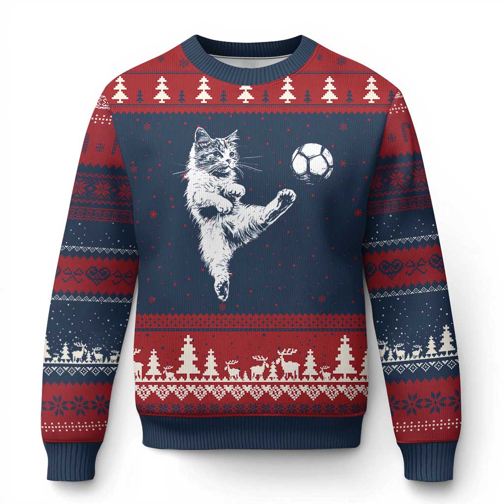 Vintage Sketch Soccer Cat Graphic Ugly Christmas Sweater Kitten Kicking Football Sports Lover