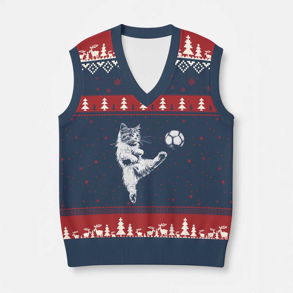 Vintage Sketch Soccer Cat Graphic V-Neck Knit Sweater Vest Kitten Kicking Football Sports Lover