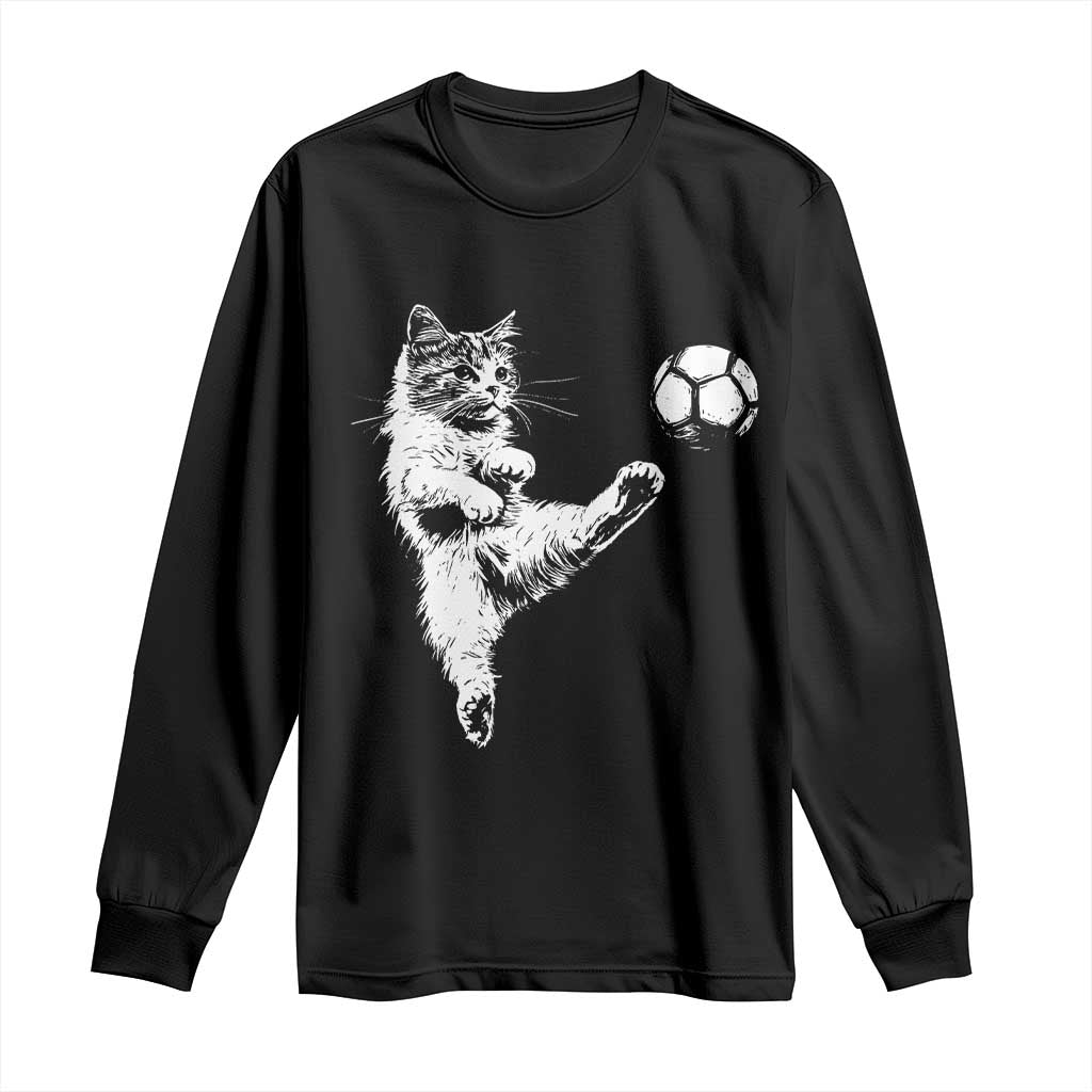 Vintage Sketch Soccer Cat Graphic Long Sleeve Shirt Kitten Kicking Football Sports Lover