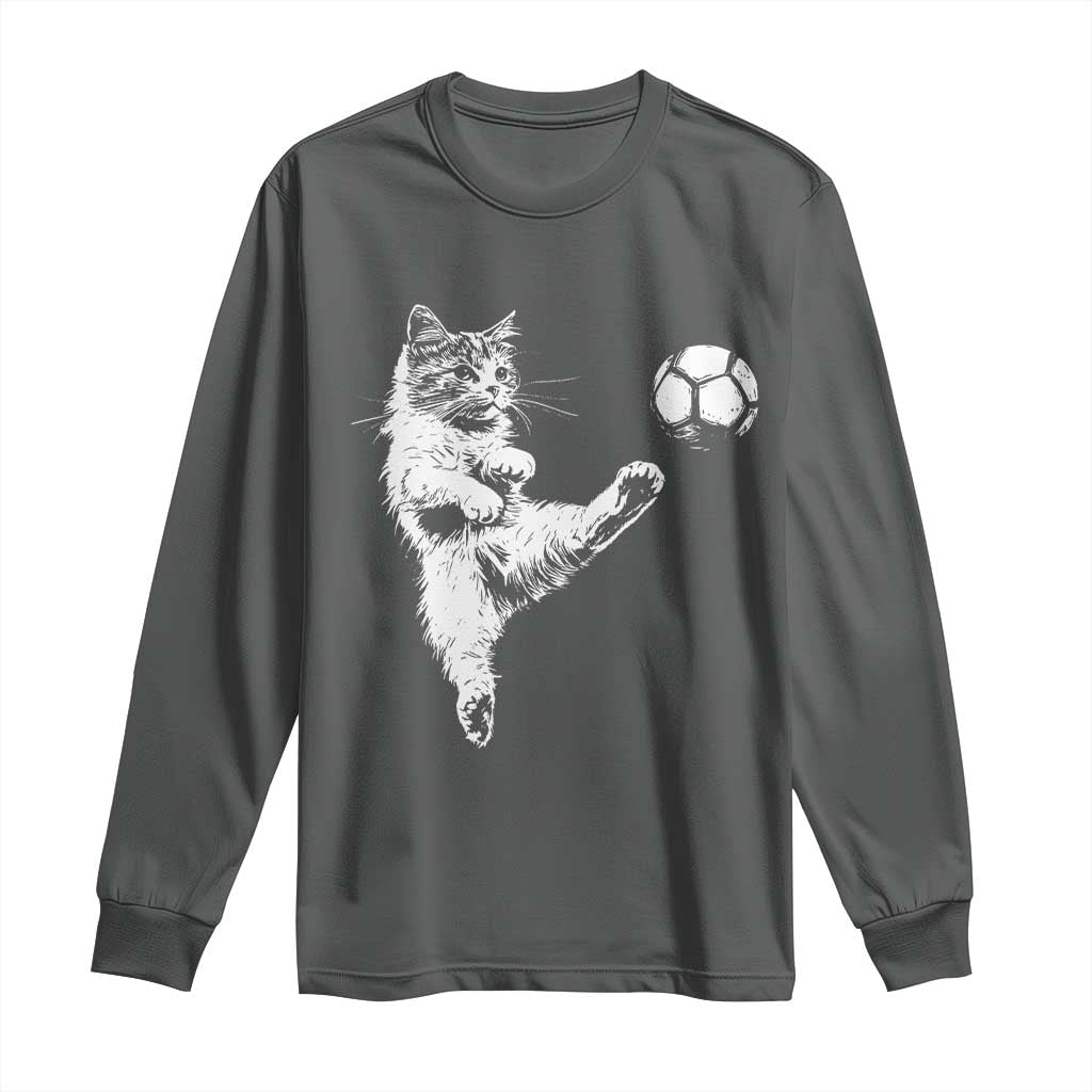 Vintage Sketch Soccer Cat Graphic Long Sleeve Shirt Kitten Kicking Football Sports Lover