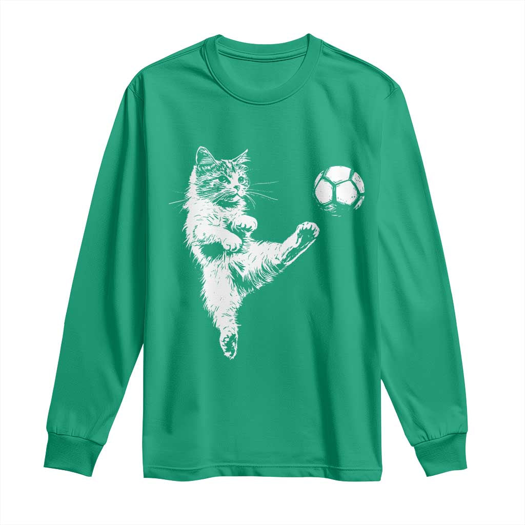 Vintage Sketch Soccer Cat Graphic Long Sleeve Shirt Kitten Kicking Football Sports Lover
