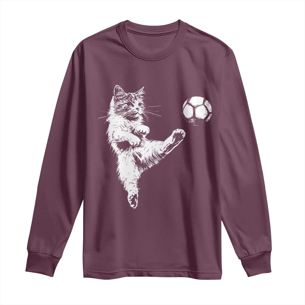 Vintage Sketch Soccer Cat Graphic Long Sleeve Shirt Kitten Kicking Football Sports Lover