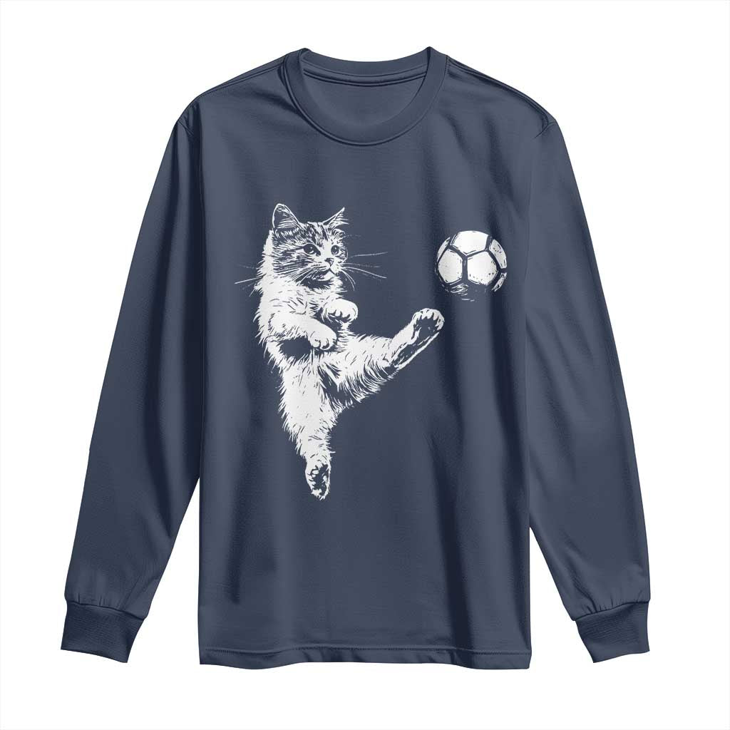 Vintage Sketch Soccer Cat Graphic Long Sleeve Shirt Kitten Kicking Football Sports Lover