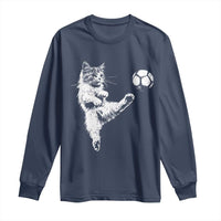 Vintage Sketch Soccer Cat Graphic Long Sleeve Shirt Kitten Kicking Football Sports Lover