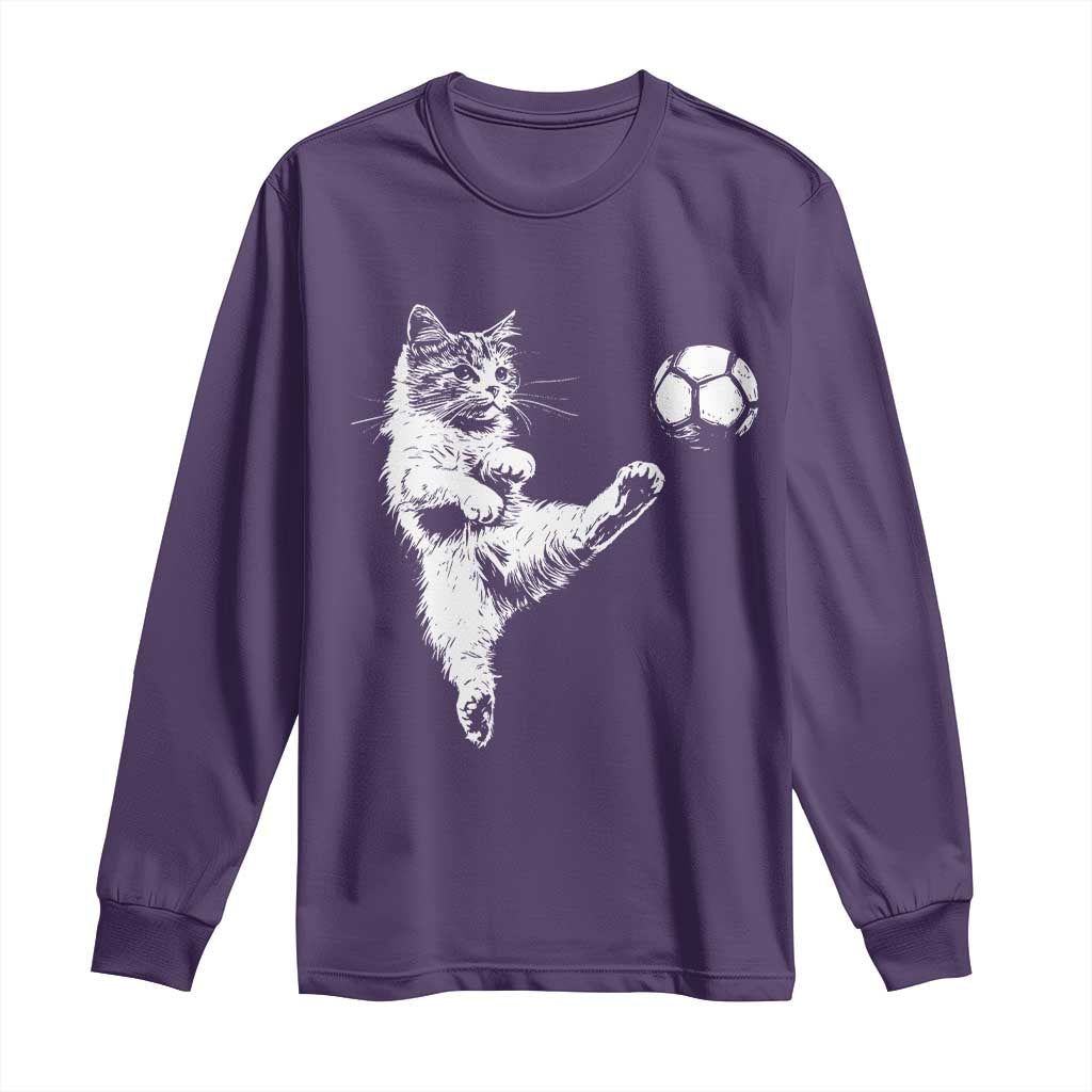 Vintage Sketch Soccer Cat Graphic Long Sleeve Shirt Kitten Kicking Football Sports Lover