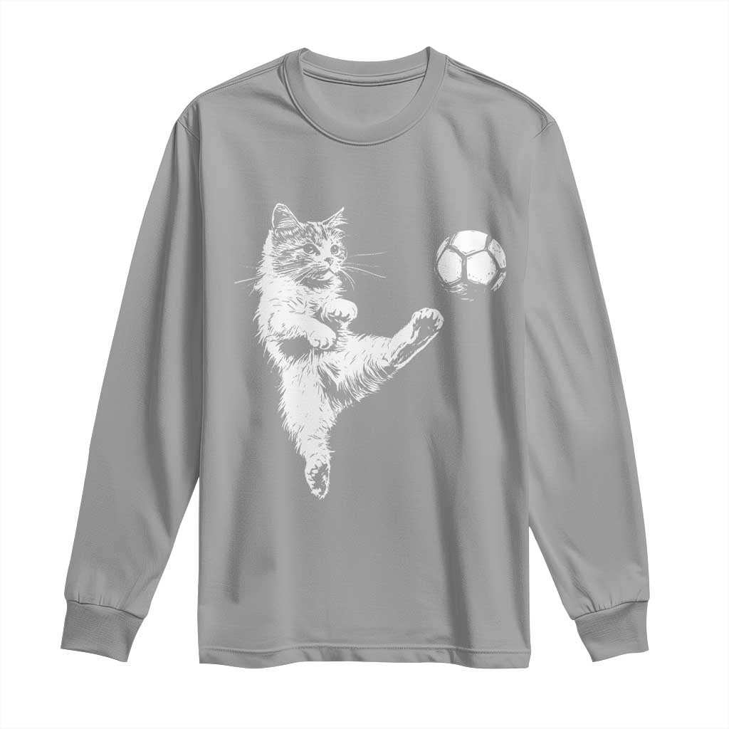 Vintage Sketch Soccer Cat Graphic Long Sleeve Shirt Kitten Kicking Football Sports Lover
