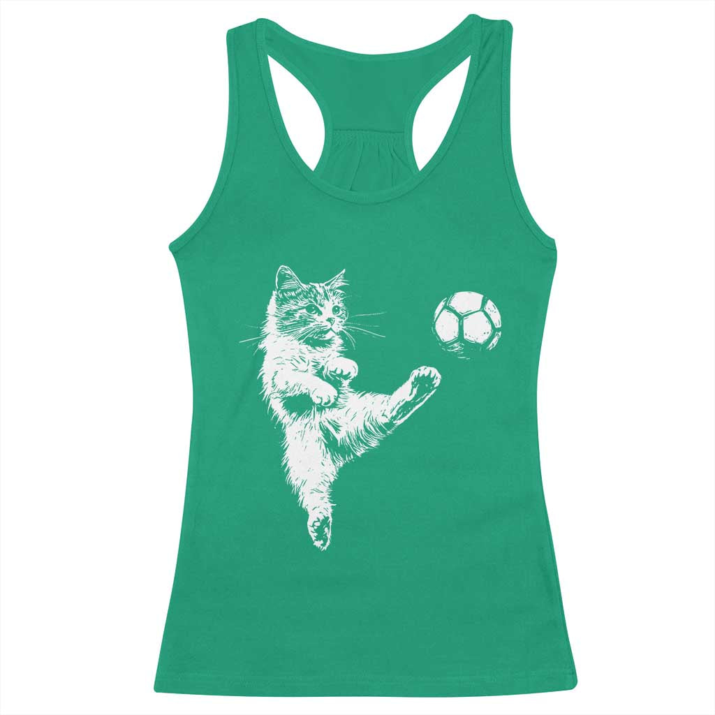 Vintage Sketch Soccer Cat Graphic Racerback Tank Top Kitten Kicking Football Sports Lover