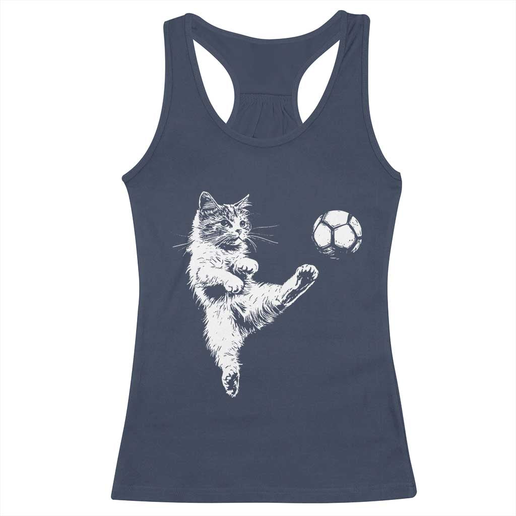 Vintage Sketch Soccer Cat Graphic Racerback Tank Top Kitten Kicking Football Sports Lover