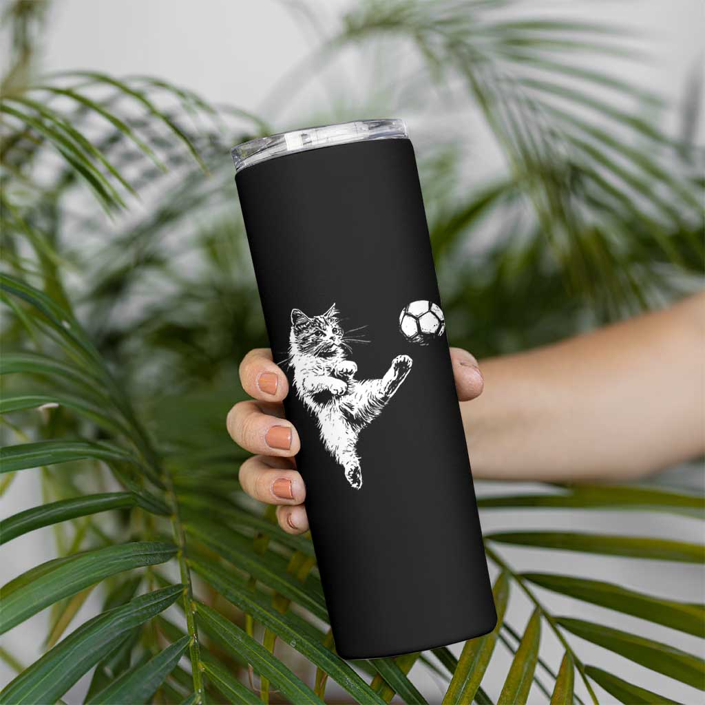 Vintage Sketch Soccer Cat Graphic Skinny Tumbler Kitten Kicking Football Sports Lover