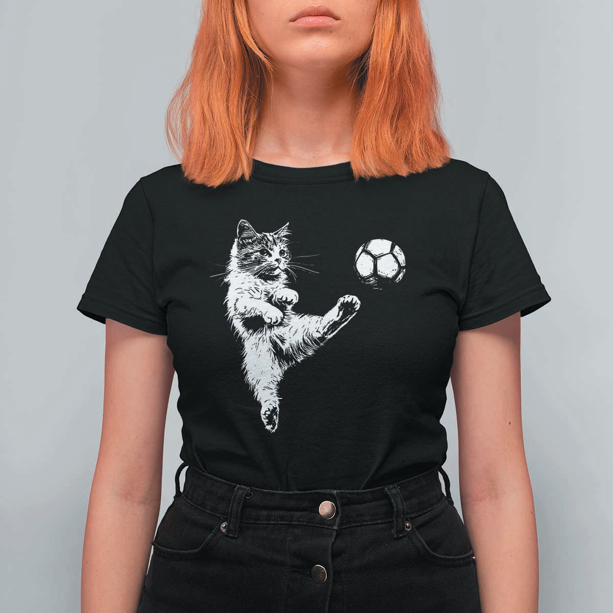 Vintage Sketch Soccer Cat Graphic T Shirt For Women Kitten Kicking Football Sports Lover