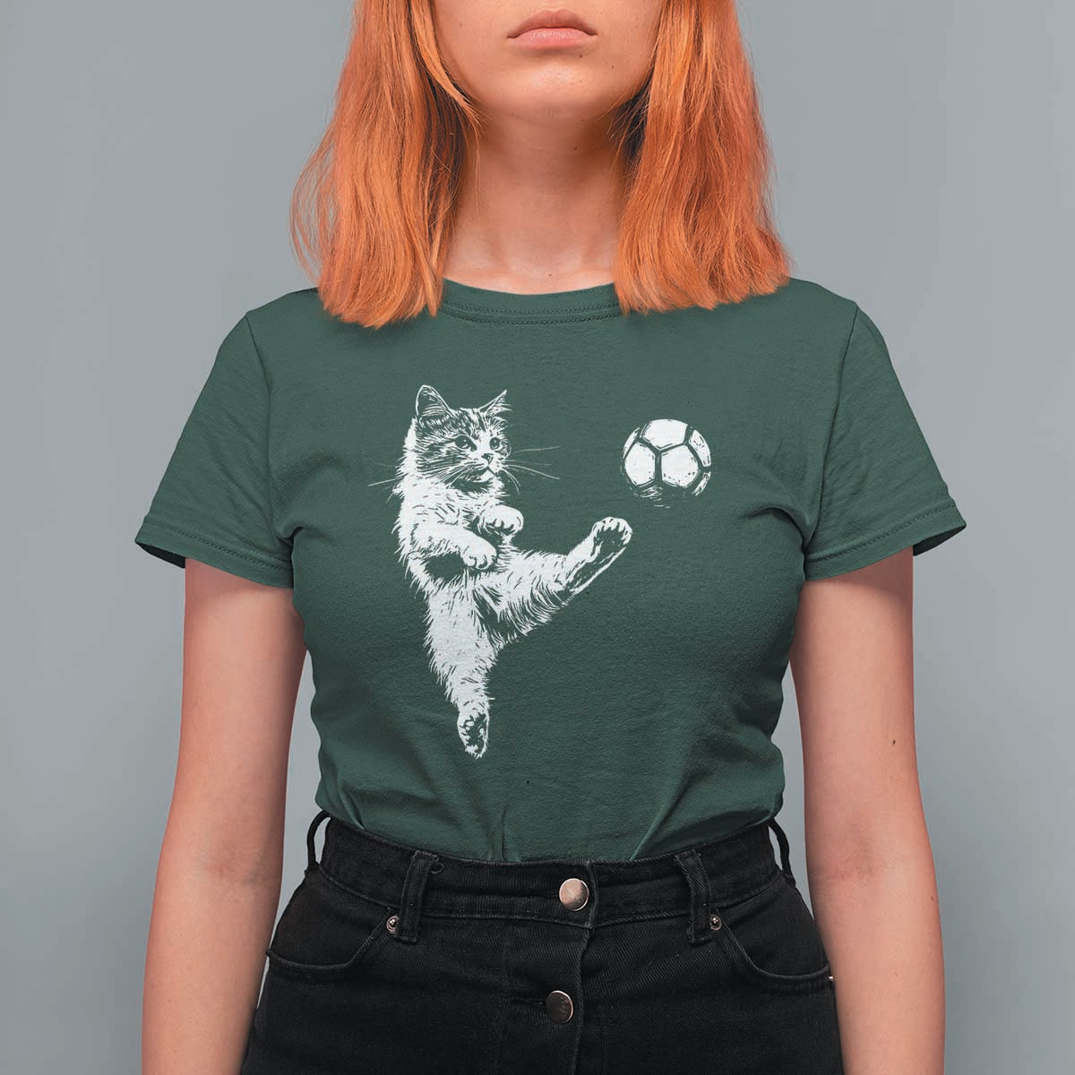 Vintage Sketch Soccer Cat Graphic T Shirt For Women Kitten Kicking Football Sports Lover