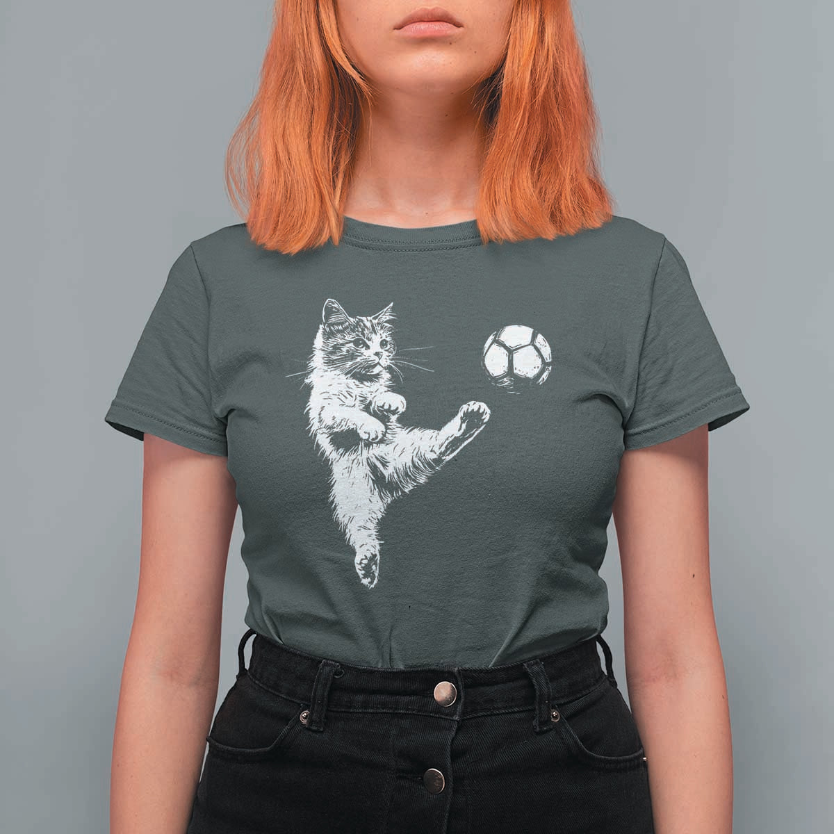 Vintage Sketch Soccer Cat Graphic T Shirt For Women Kitten Kicking Football Sports Lover