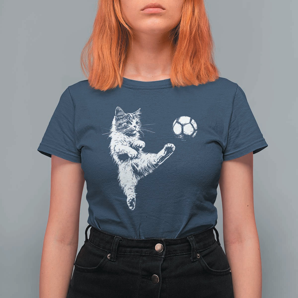 Vintage Sketch Soccer Cat Graphic T Shirt For Women Kitten Kicking Football Sports Lover