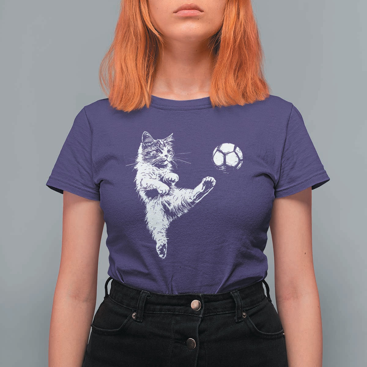 Vintage Sketch Soccer Cat Graphic T Shirt For Women Kitten Kicking Football Sports Lover