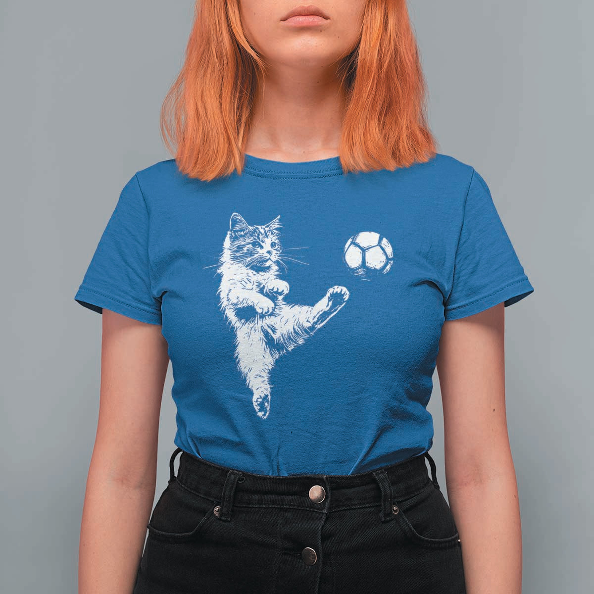 Vintage Sketch Soccer Cat Graphic T Shirt For Women Kitten Kicking Football Sports Lover