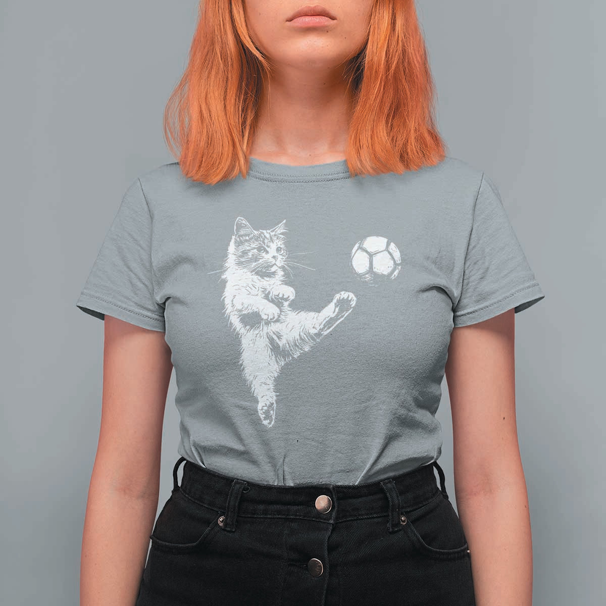 Vintage Sketch Soccer Cat Graphic T Shirt For Women Kitten Kicking Football Sports Lover