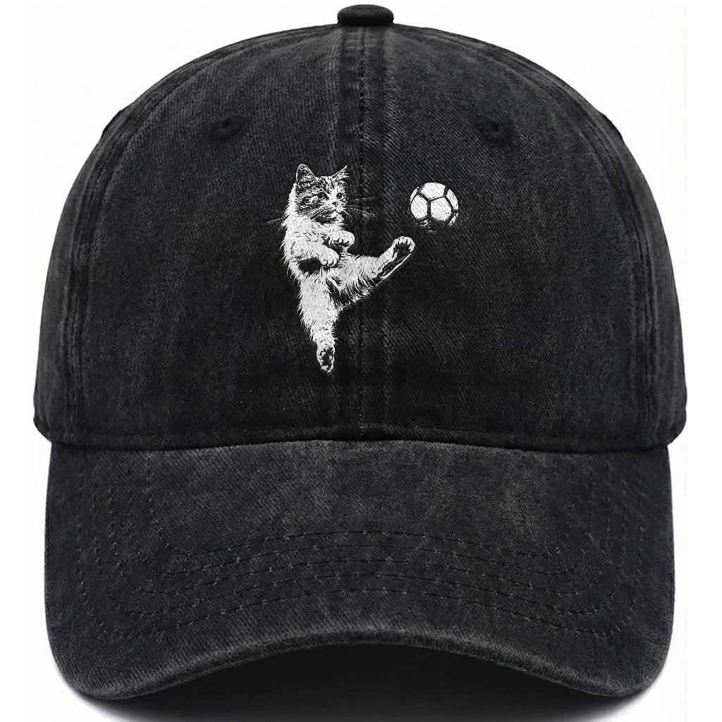 Vintage Sketch Soccer Cat Graphic Washed Cotton Baseball Cap Kitten Kicking Football Sports Lover