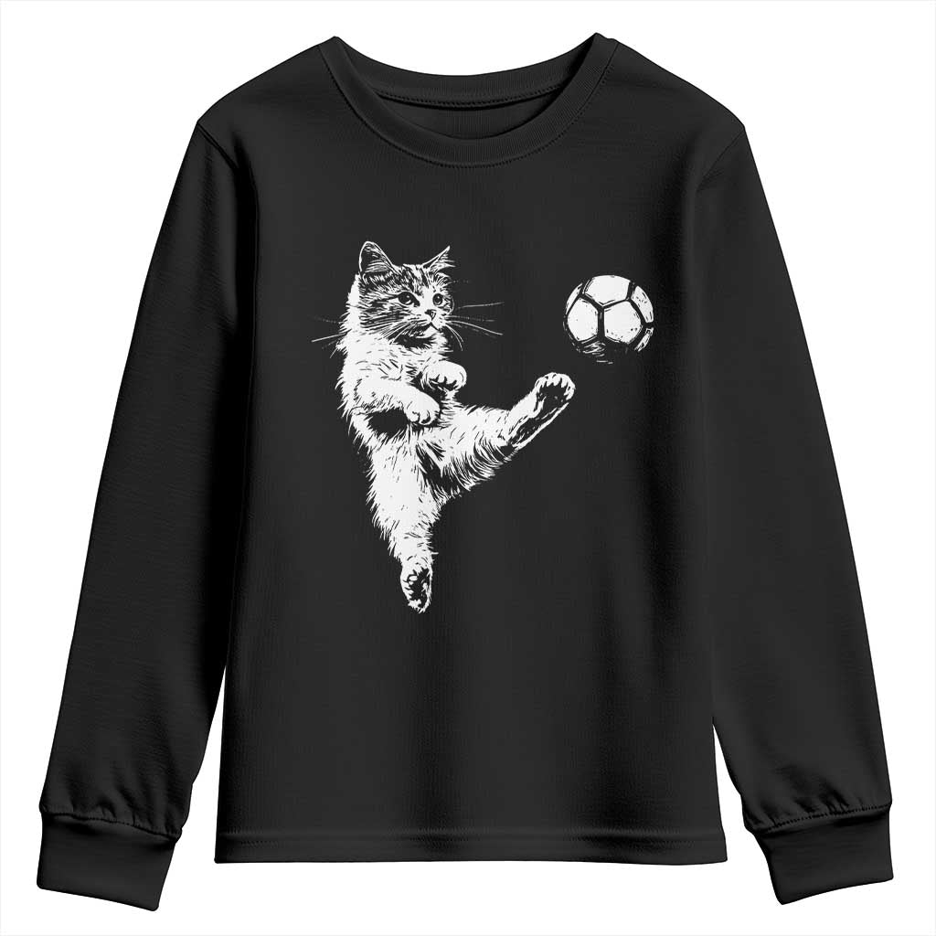 Vintage Sketch Soccer Cat Graphic Youth Sweatshirt Kitten Kicking Football Sports Lover