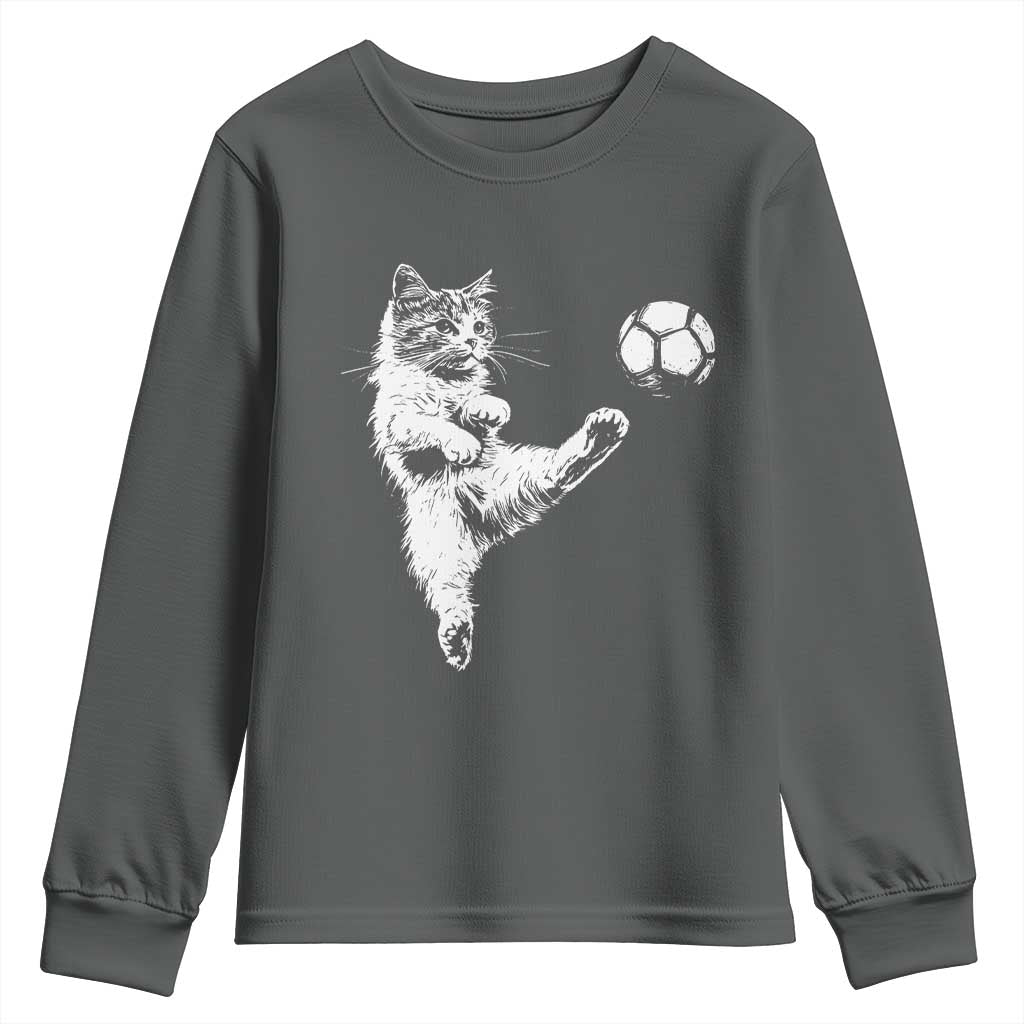 Vintage Sketch Soccer Cat Graphic Youth Sweatshirt Kitten Kicking Football Sports Lover