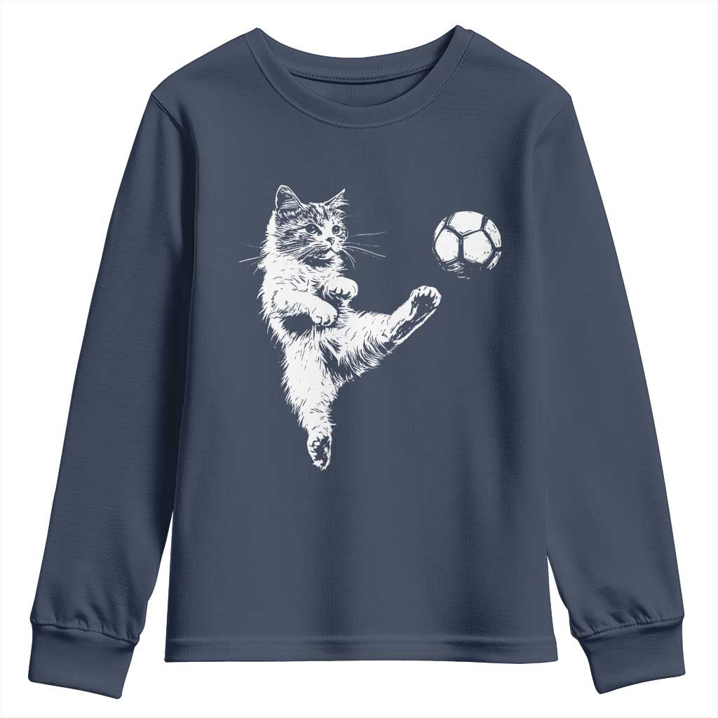 Vintage Sketch Soccer Cat Graphic Youth Sweatshirt Kitten Kicking Football Sports Lover