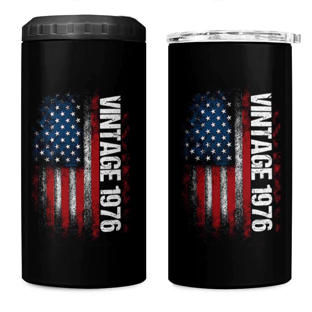 1976 Distressed American Flag 4 in 1 Can Cooler Tumbler Patriotic 50th Birthday Graphic