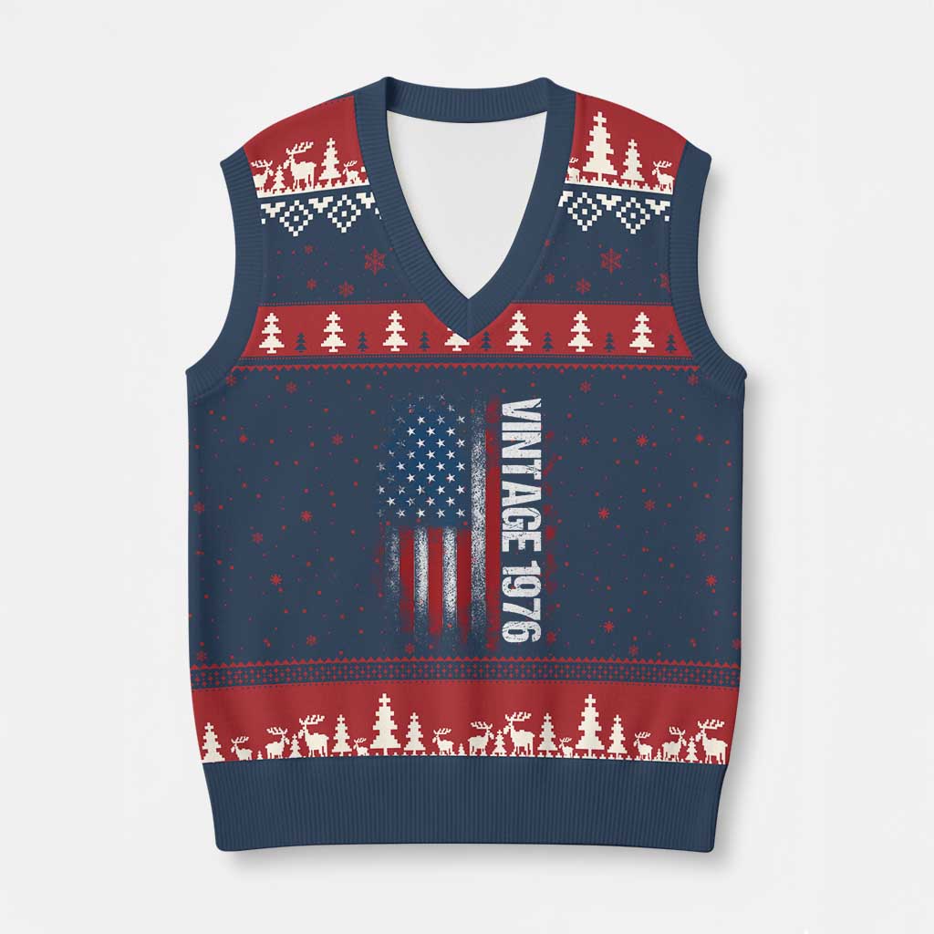 1976 Distressed American Flag V-Neck Knit Sweater Vest Patriotic 50th Birthday Graphic