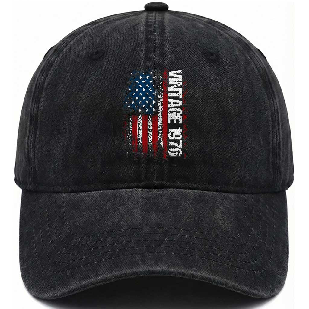 1976 Distressed American Flag Washed Cotton Baseball Cap Patriotic 50th Birthday Graphic