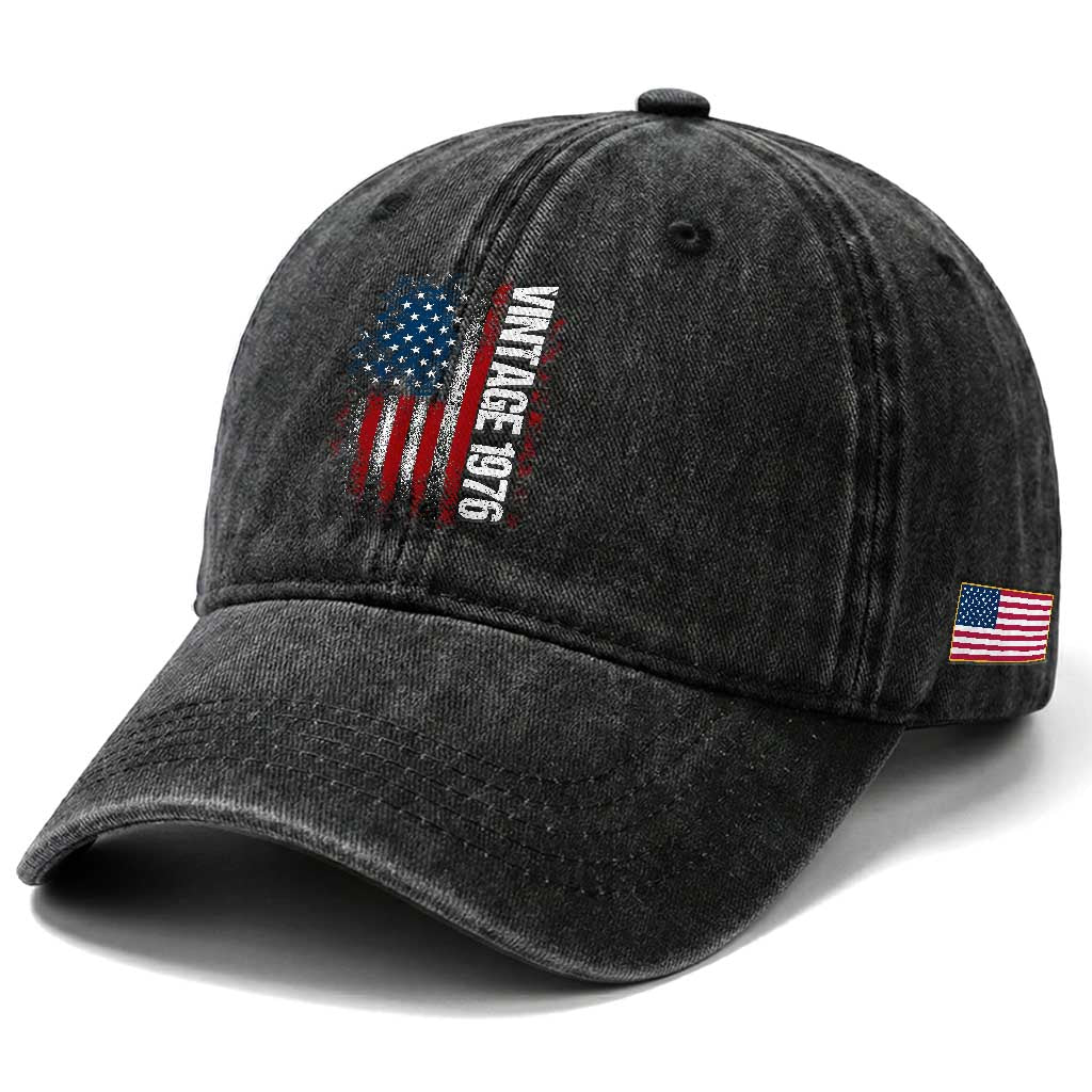 1976 Distressed American Flag Washed Cotton Baseball Cap Patriotic 50th Birthday Graphic