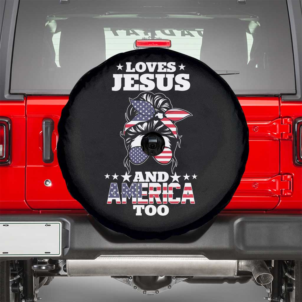 Loves Jesus and America Too Spare Tire Cover Christian Messy Bun 4th of July