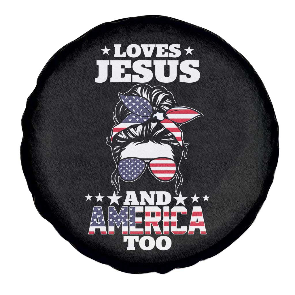 Loves Jesus and America Too Spare Tire Cover Christian Messy Bun 4th of July
