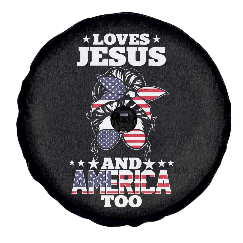 Loves Jesus and America Too Spare Tire Cover Christian Messy Bun 4th of July