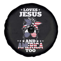 Loves Jesus and America Too Spare Tire Cover Christian Messy Bun 4th of July