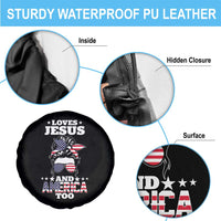 Loves Jesus and America Too Spare Tire Cover Christian Messy Bun 4th of July