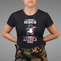 Loves Jesus and America Too Christian 4th of July Messy Bun T Shirt - Wonder Print Shop