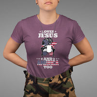 Loves Jesus and America Too Christian 4th of July Messy Bun T Shirt - Wonder Print Shop