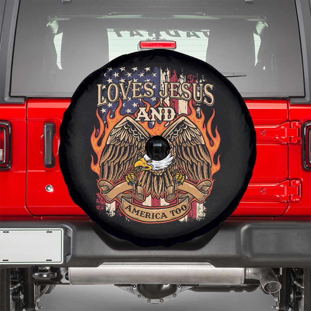 Loves Jesus and America Too Spare Tire Cover Christian Eagle 4th of July