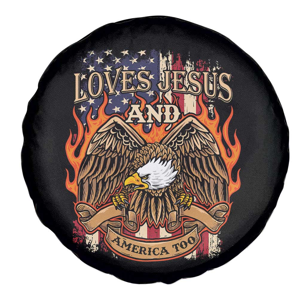 Loves Jesus and America Too Spare Tire Cover Christian Eagle 4th of July