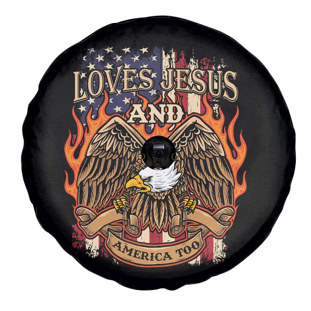 Loves Jesus and America Too Spare Tire Cover Christian Eagle 4th of July