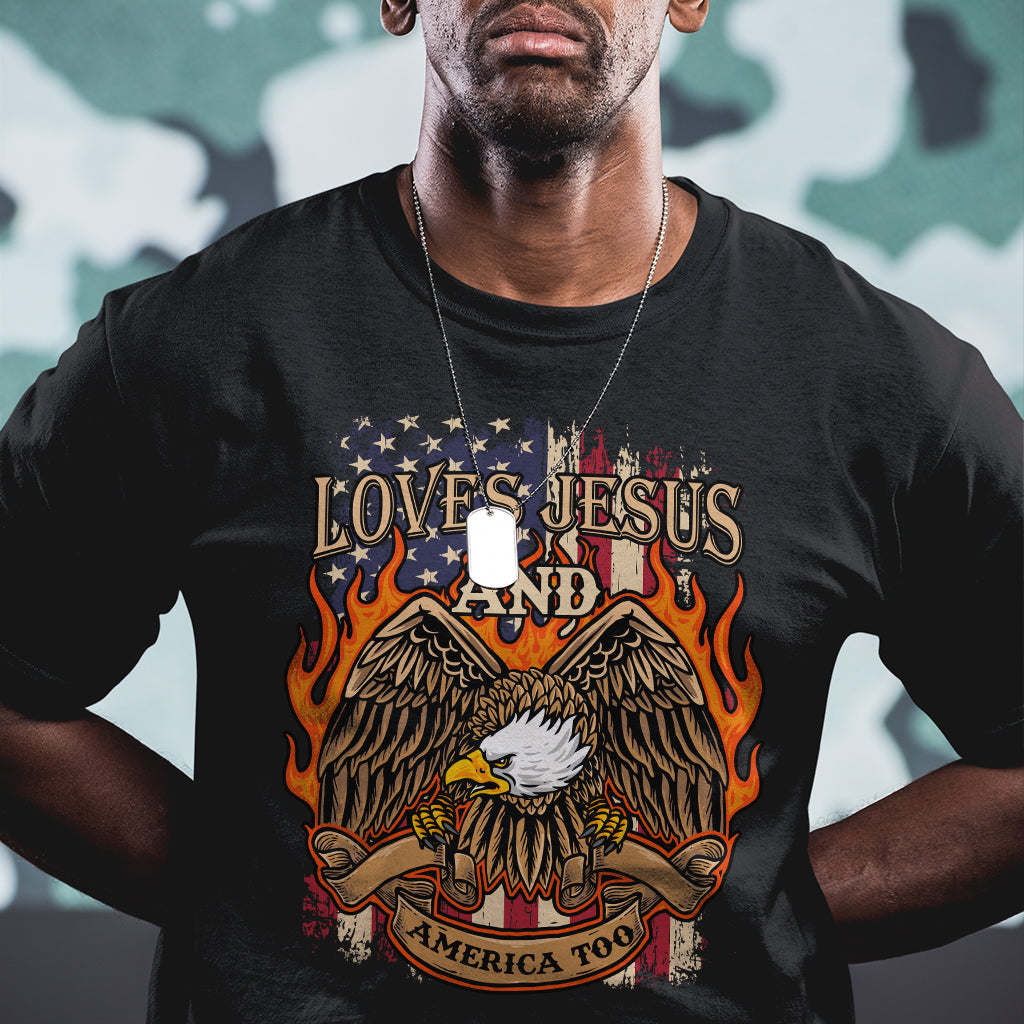 Loves Jesus and America Too Christian 4th of July Eagle T Shirt - Wonder Print Shop