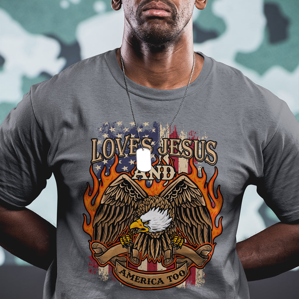 Loves Jesus and America Too Christian 4th of July Eagle T Shirt - Wonder Print Shop