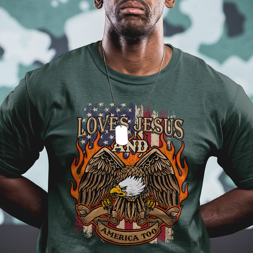 Loves Jesus and America Too Christian 4th of July Eagle T Shirt - Wonder Print Shop