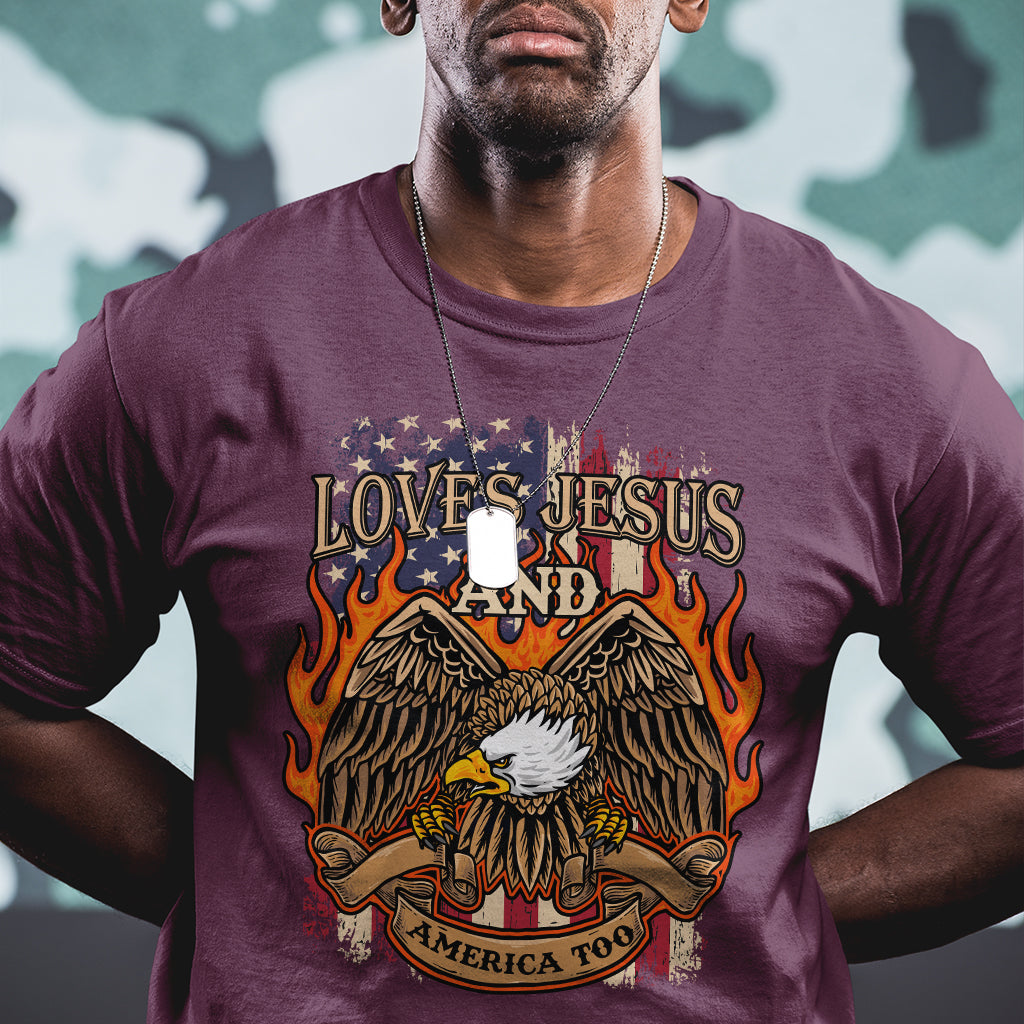 Loves Jesus and America Too Christian 4th of July Eagle T Shirt - Wonder Print Shop