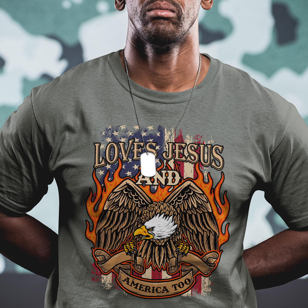 Loves Jesus and America Too Christian 4th of July Eagle T Shirt - Wonder Print Shop