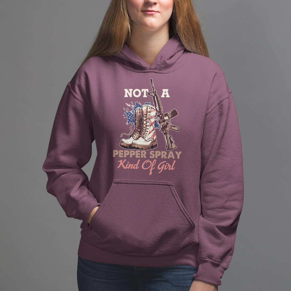 Female Veteran Hoodie Not A Pepper Spray Kind Of Girl American Flag Combat Boots - Wonder Print Shop